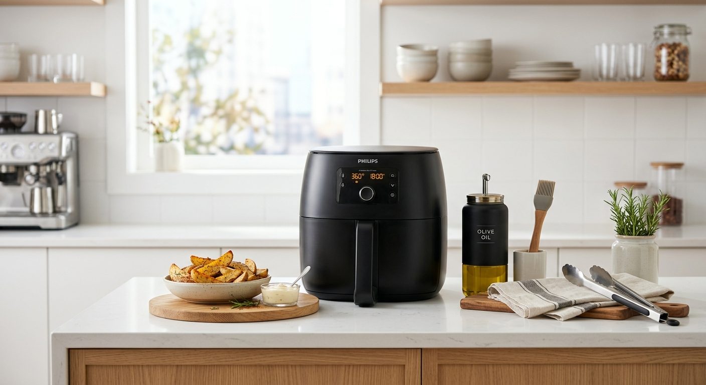 Modern kitchen counter with air fryer and organized accessories including racks, liners, and oil sprayer