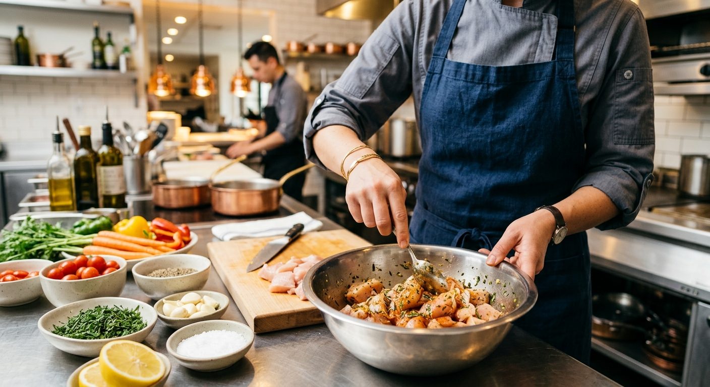 Woman plating perfectly cooked sliced air fryer chicken breast in warm, organized kitchen