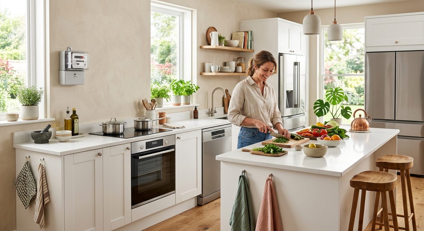 Woman using energy calculator on laptop at kitchen table with air fryer in background
