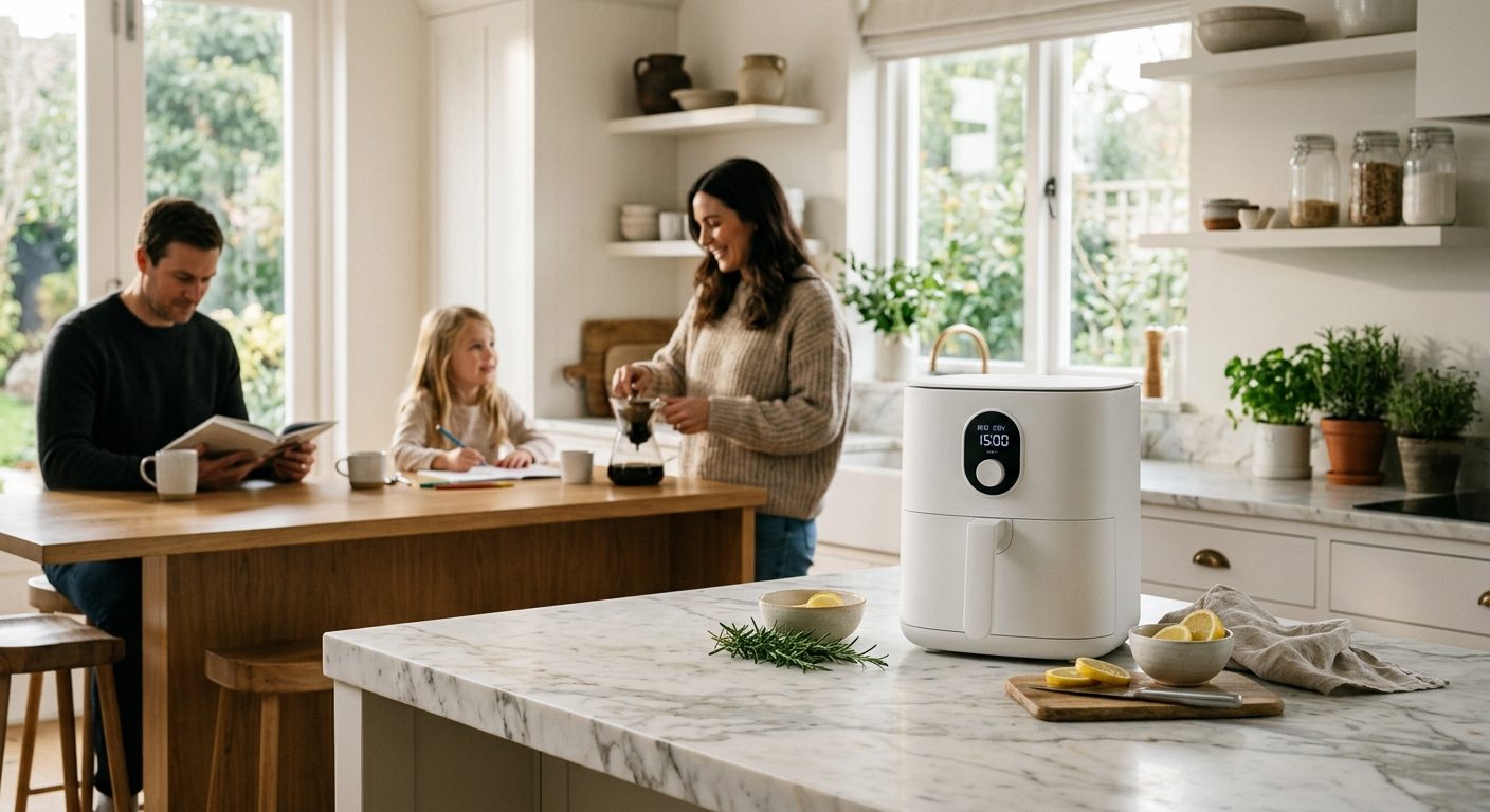 Modern kitchen with air fryer on counter displaying quiet operation in residential setting