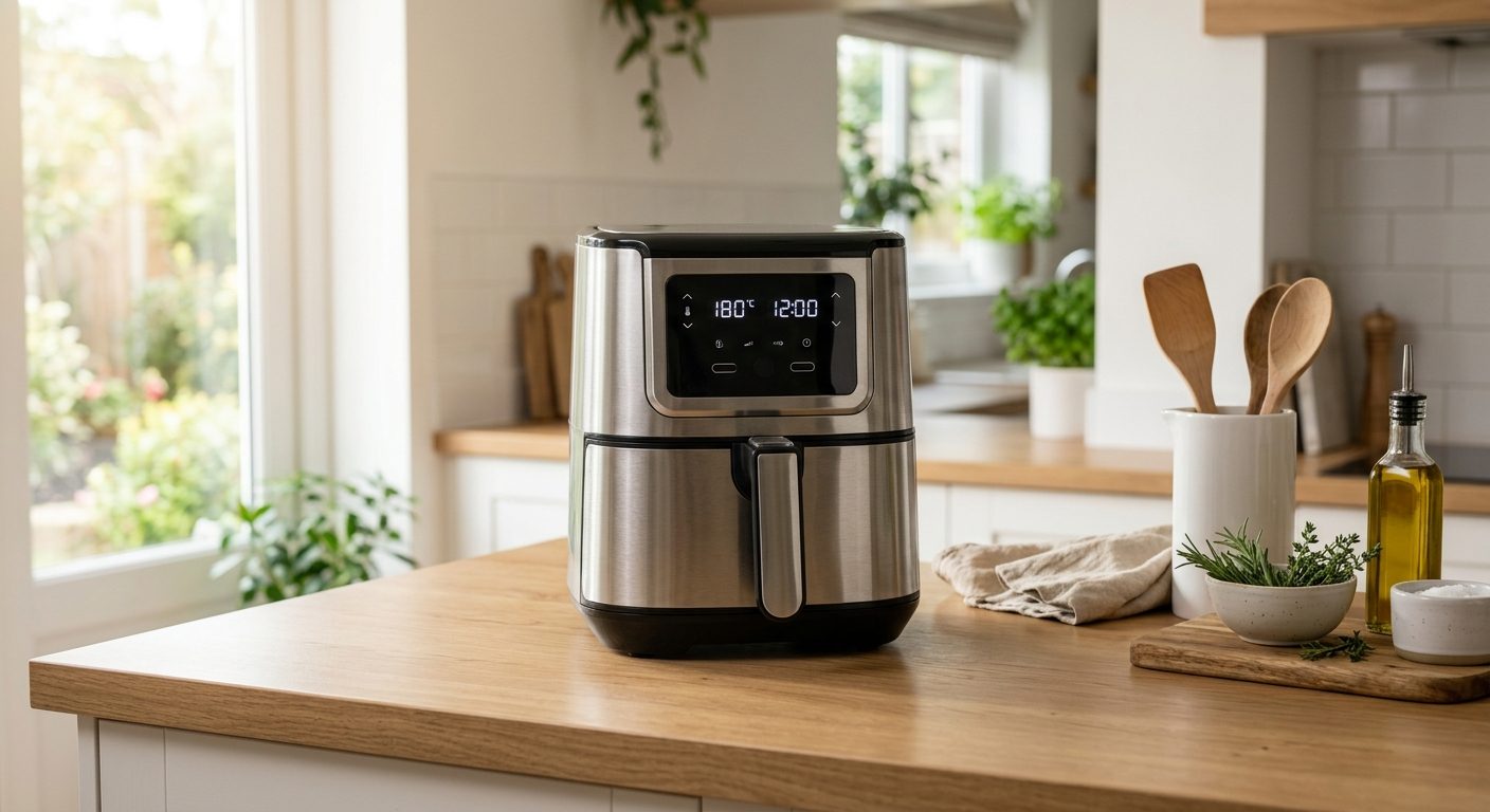 Stainless steel air fryer on bright clean kitchen counter with natural daylight and minimal accessories