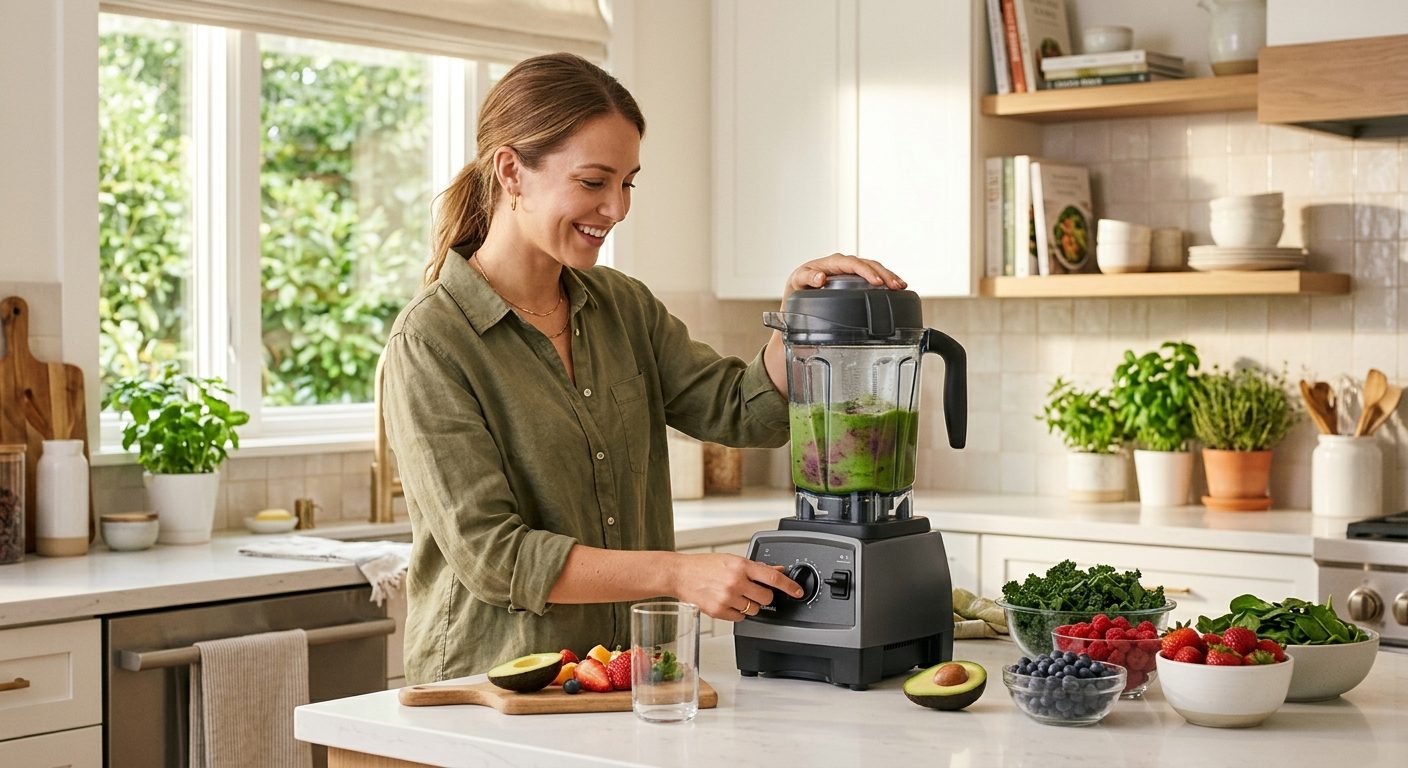 Modern kitchen counter with high-performance blender and fresh smoothie ingredients on white marble with natural light