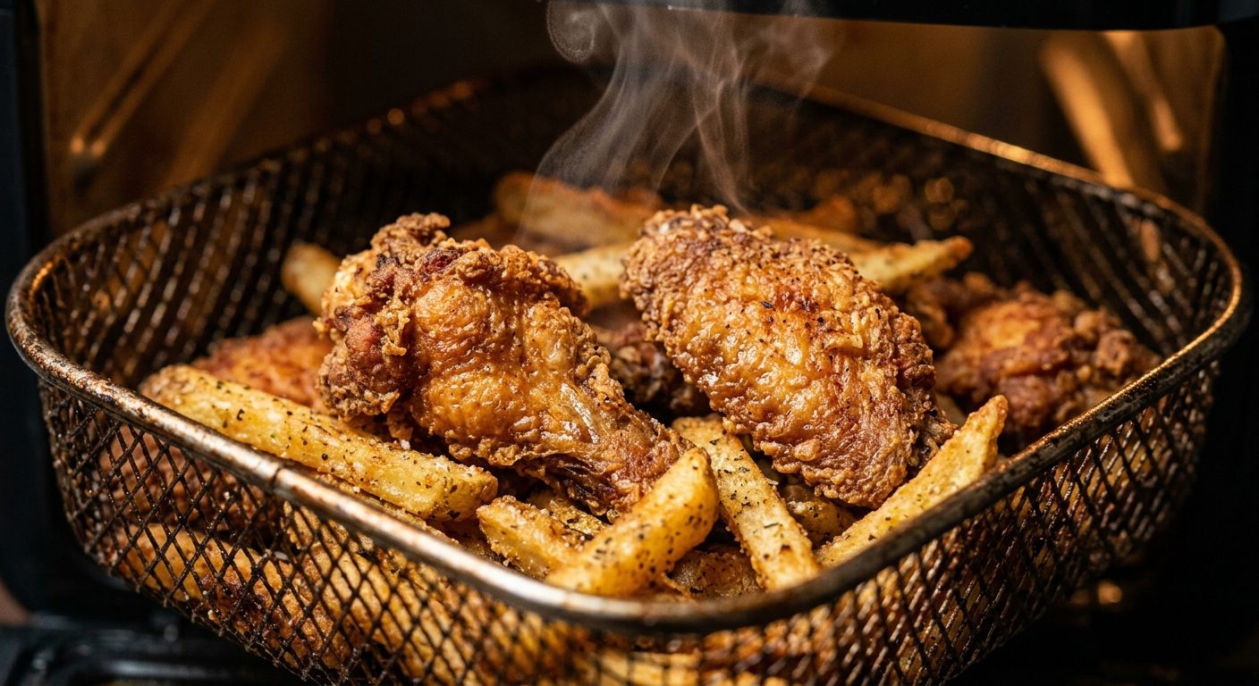 Close-up of golden crispy fried chicken wings in air fryer basket