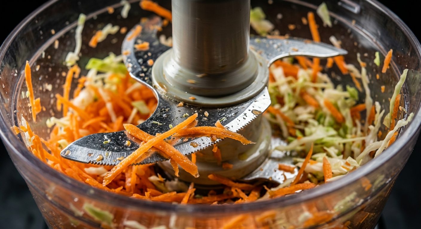 Close-up of food processor blade system shredding fresh vegetables