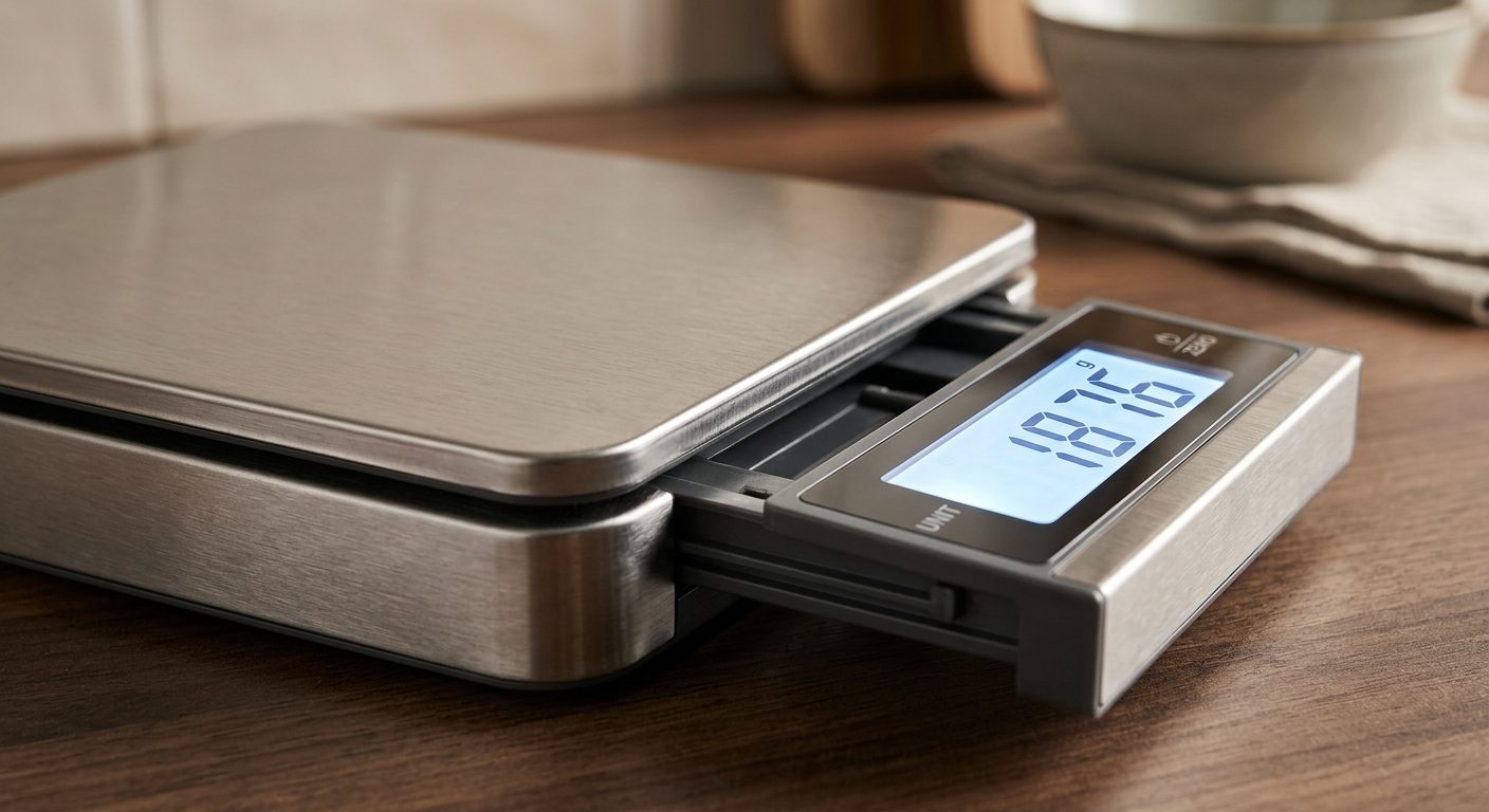 OXO kitchen scale digital display with bright LCD showing weight measurement and stainless steel platform