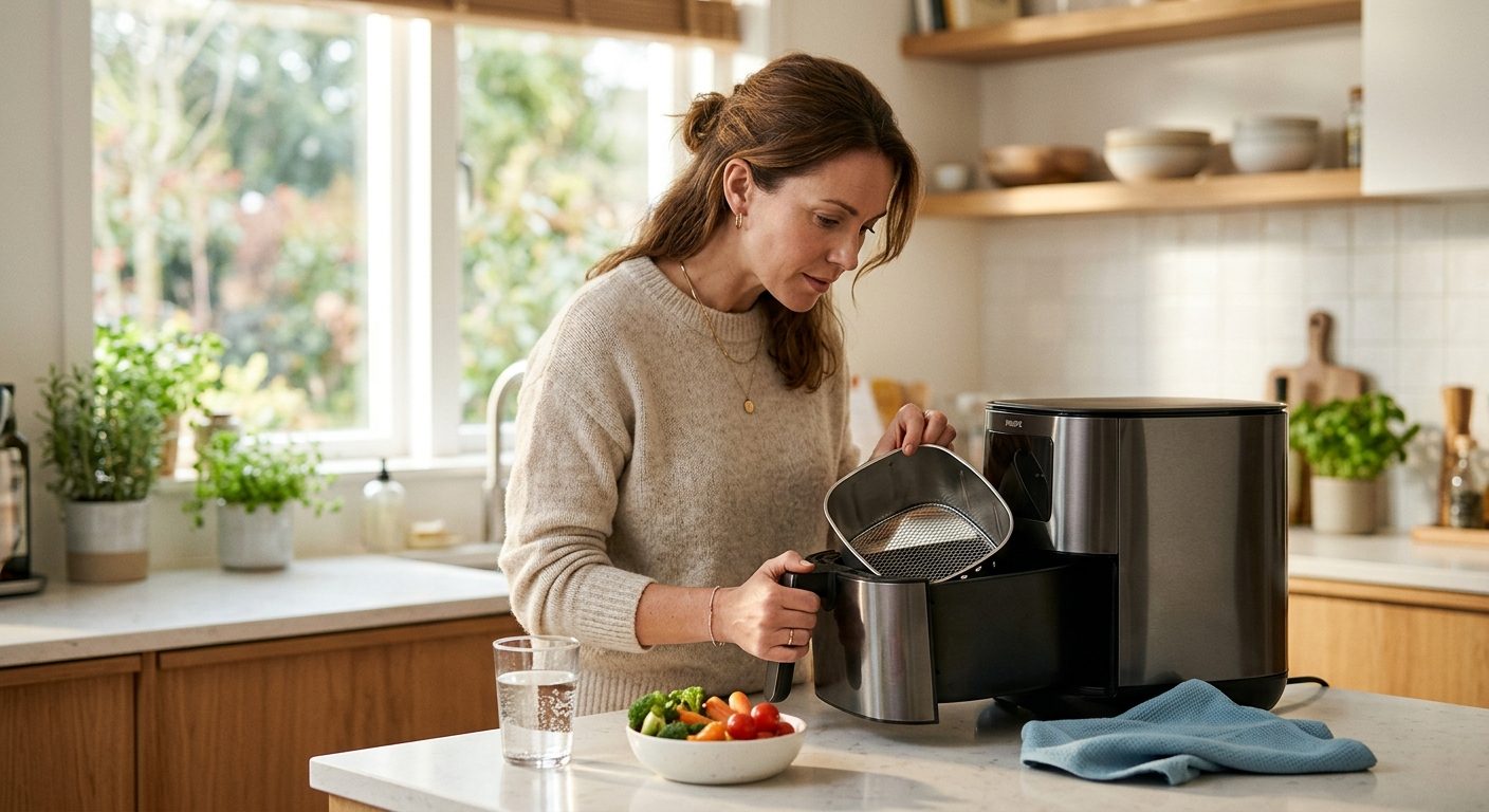 Woman in bright kitchen inspecting stainless steel air fryer basket with natural morning light