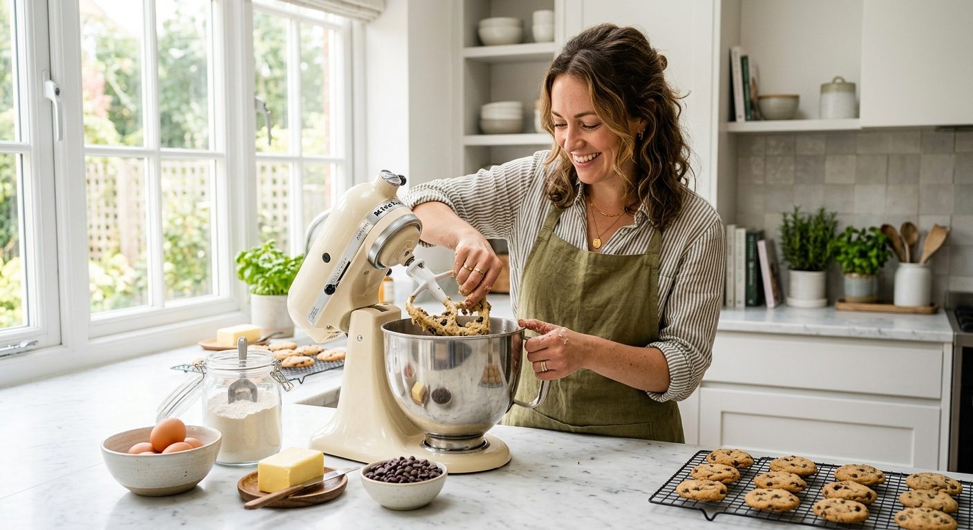 Woman in bright kitchen using KitchenAid stand mixer, fresh ingredients and cooling cookies visible