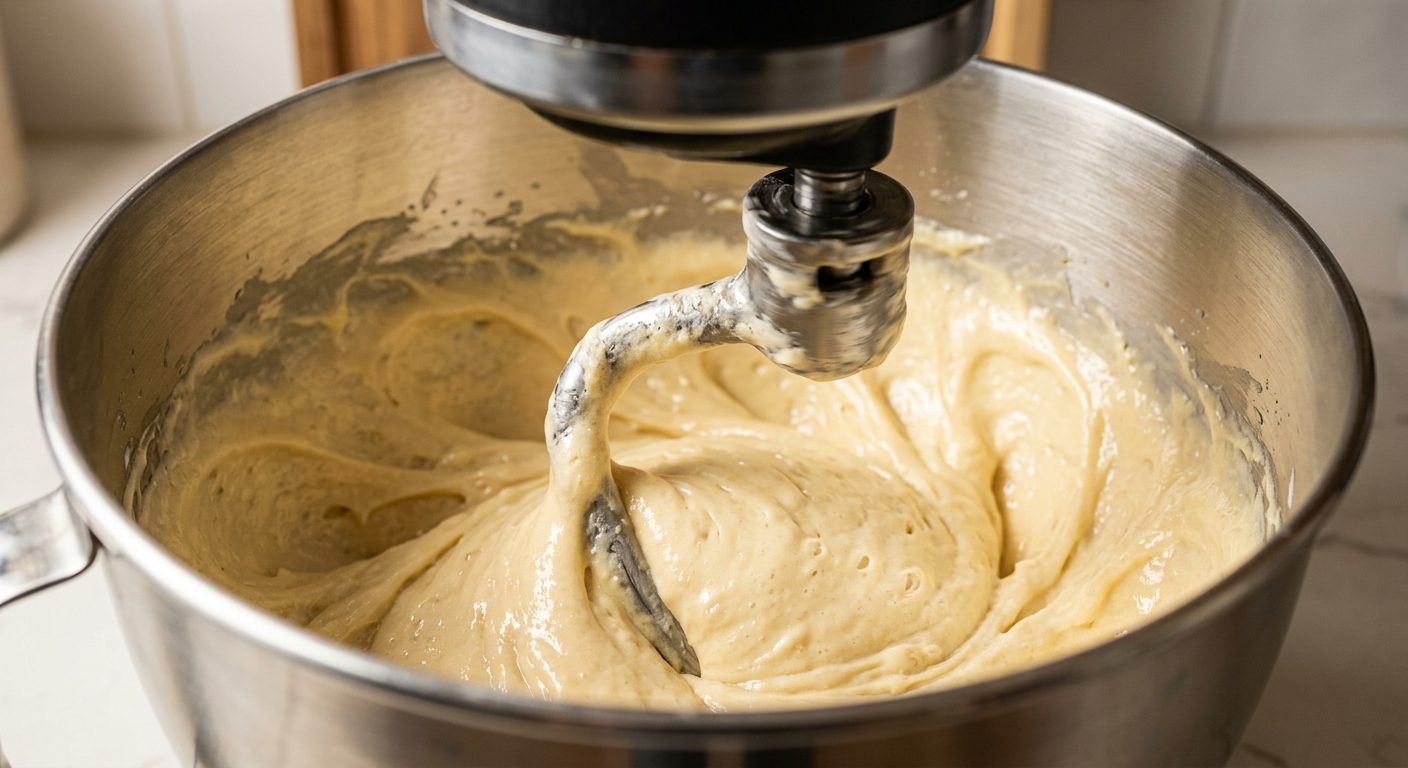 KitchenAid dough hook attachment mid-knead in steel bowl with creamy cake batter