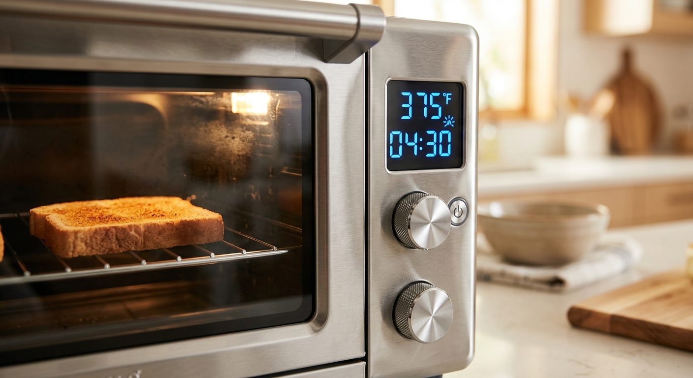 Stainless steel toaster oven control panel with digital display showing temperature and timer settings