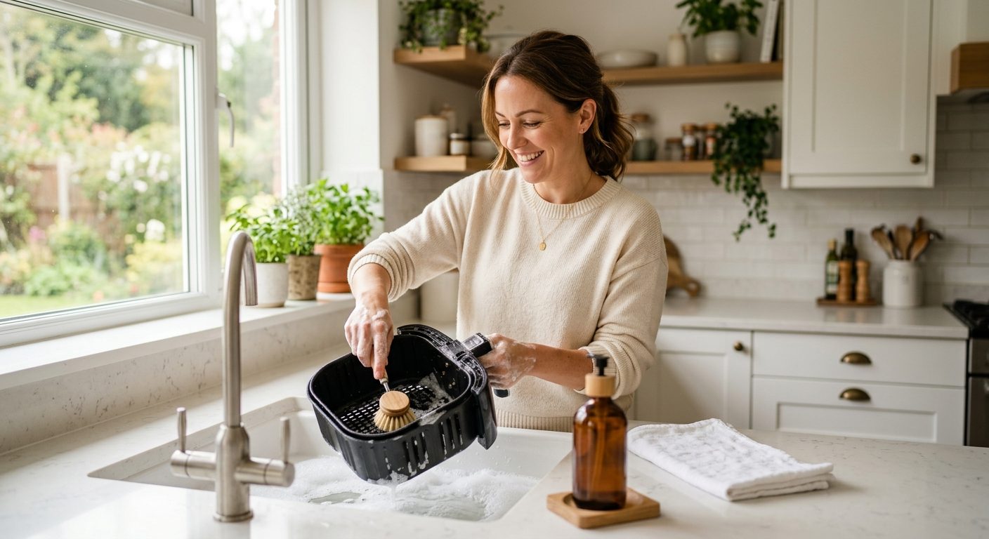 Woman hand-washing air fryer basket in bright kitchen with microfiber cloth and soapy water