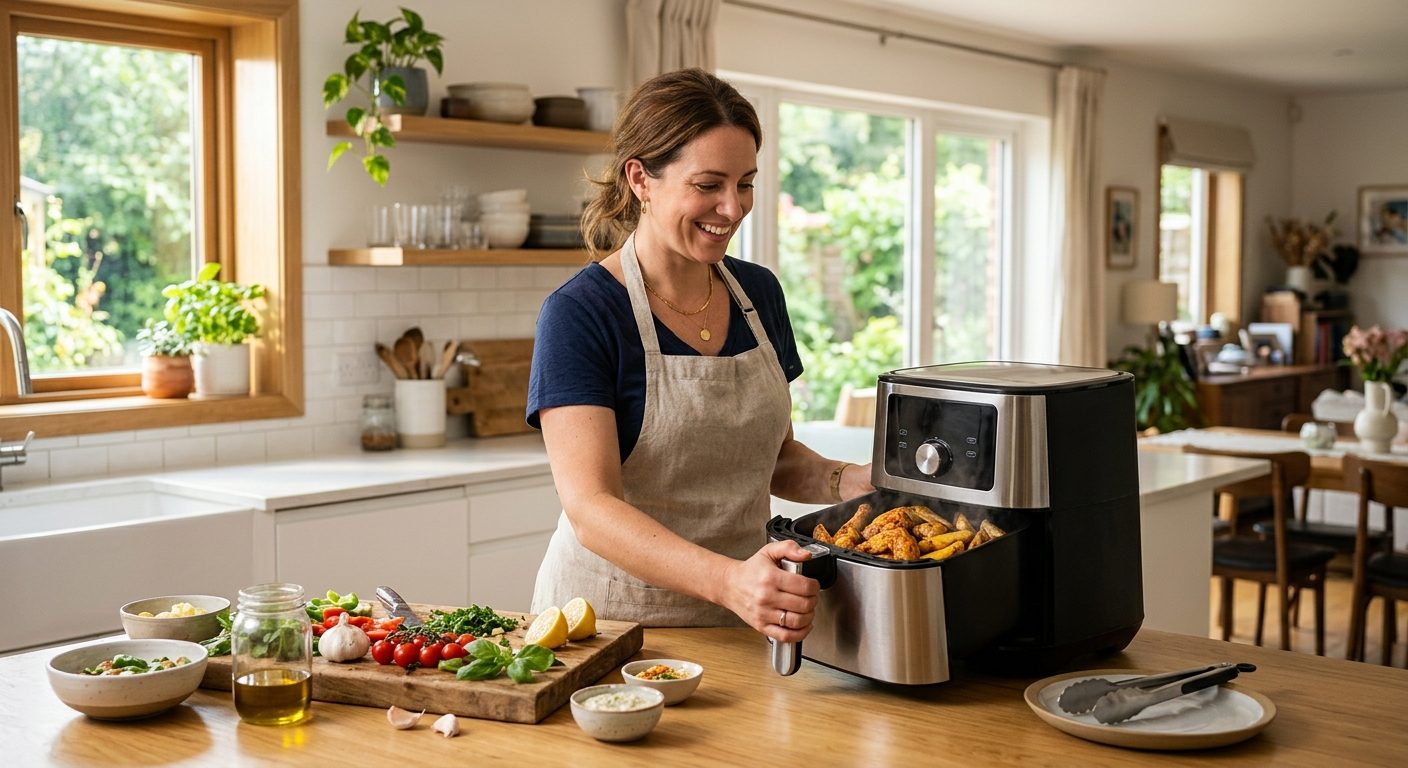 Woman using air fryer in bright modern kitchen with fresh ingredients and golden-cooked food ready to serve